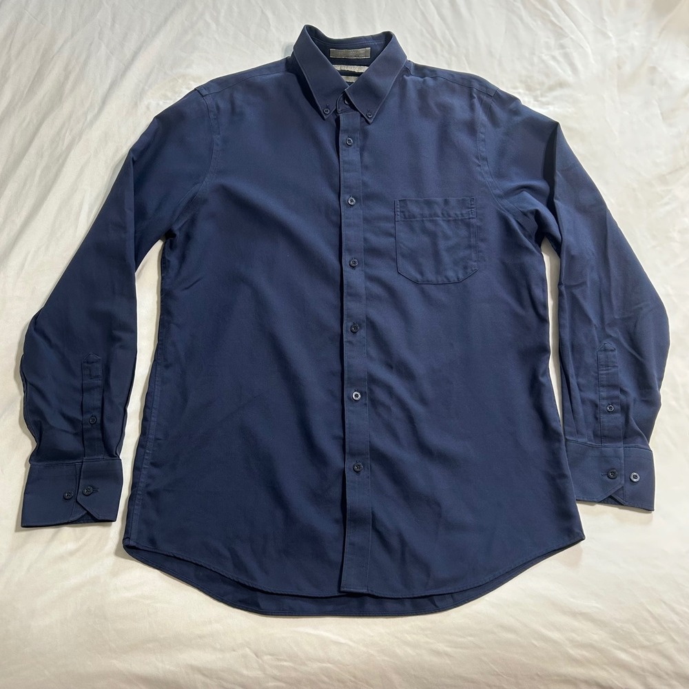 Nordstrom Smartcare Mens Navy Blue Wrinkle-Free Cotton Dress Shirt Regular Fit L